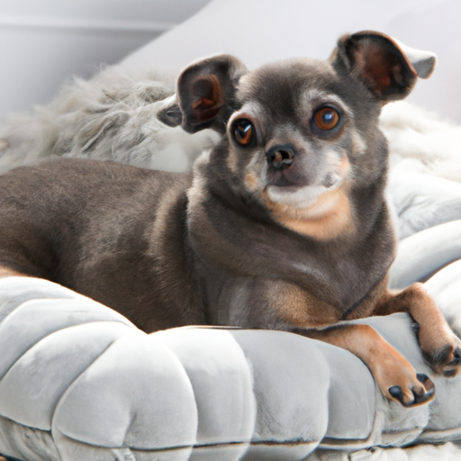 כלב קטן שוכב בשמחה על מיטת כלב קטיפה